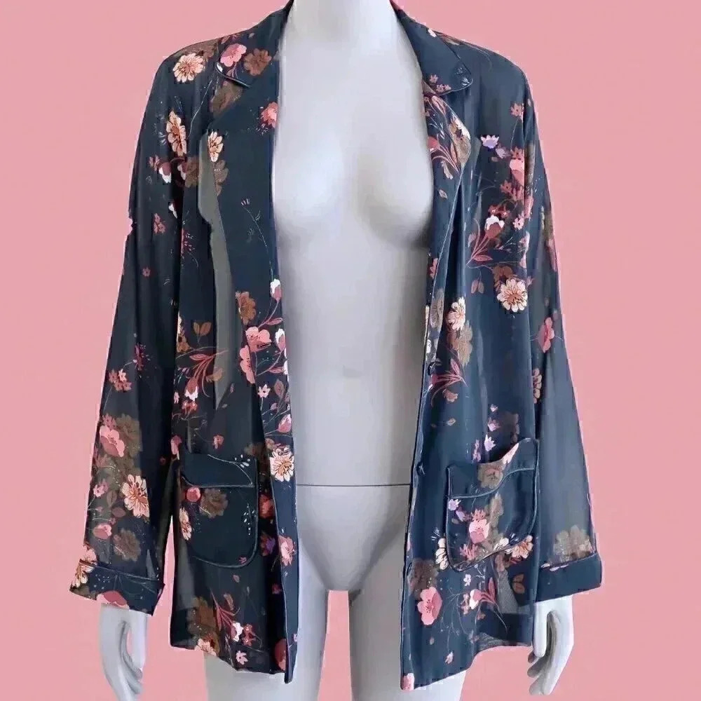 Floral Sheer Collared Shirt Size‎ Medium Loose Blouses Summer Bikini Cover Up